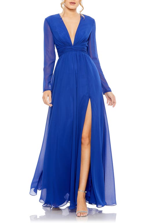 Ieena for Mac Duggal Long Sleeve Empire Waist Chiffon Gown in Sapphire