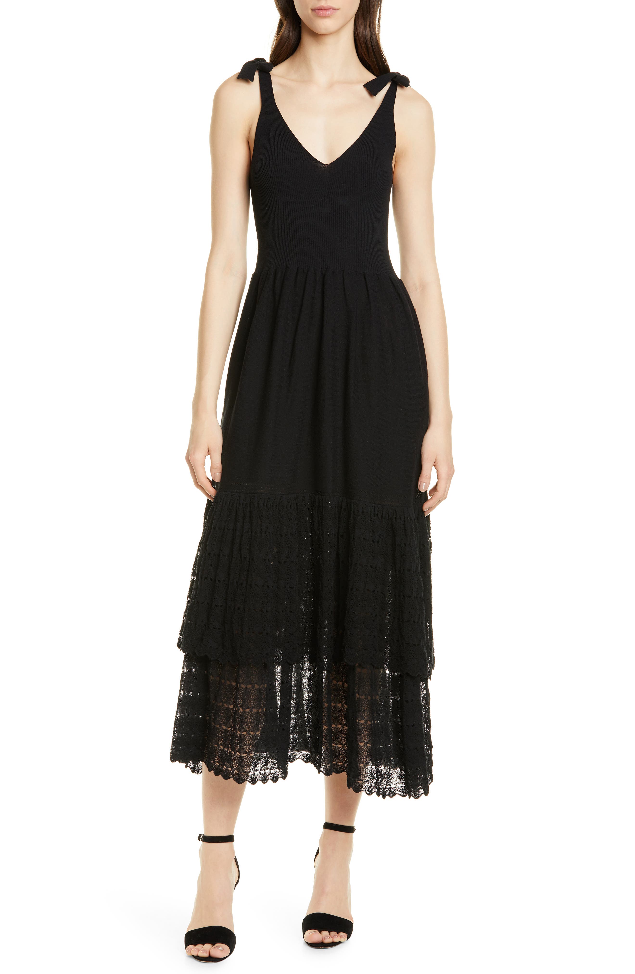 La Vie Rebecca Taylor Tie Shoulder Ribbed & Lace Dress, Black