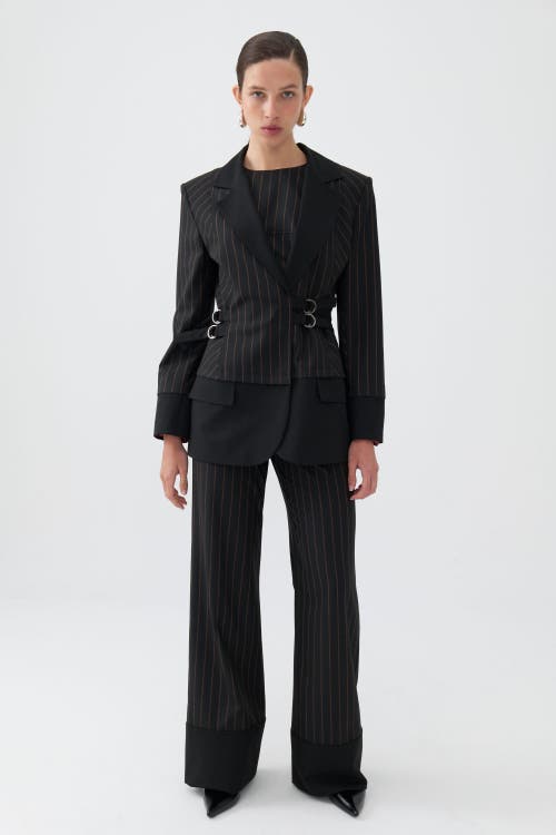 Shop Nocturne Striped Double Breasted Jacket With Belt Detail In Black