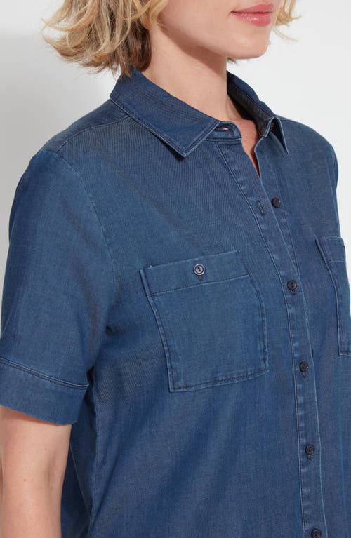 Shop Lyssé Lola Short Sleeve Stretch Chambray Button-up Shirt In Dark Midwash