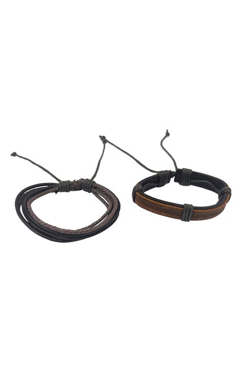 Men's Set of 2 Brown Leather Slider Bracelets