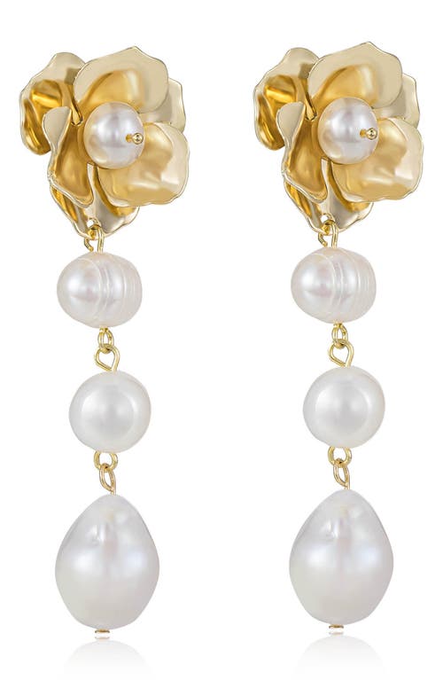 Cultured Freshwater Pearl Drop Floral Earrings in Gold