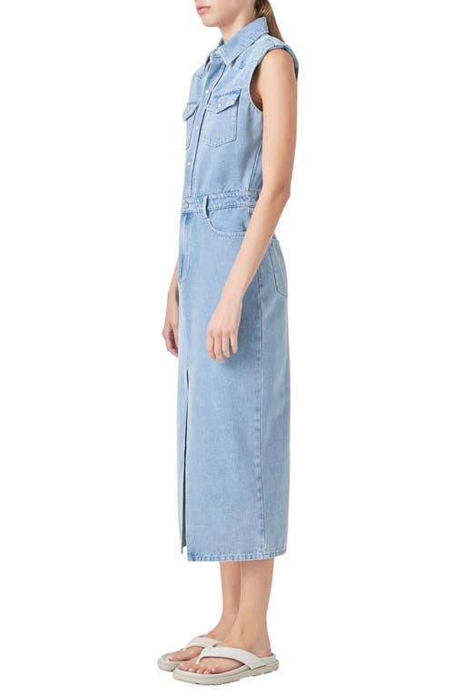 Shop Grey Lab Power Shoulder Sleeveless Denim Shirtdress In Blue