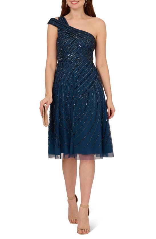 Shop Adrianna Papell Beaded One-shoulder Dress In Deep Blue