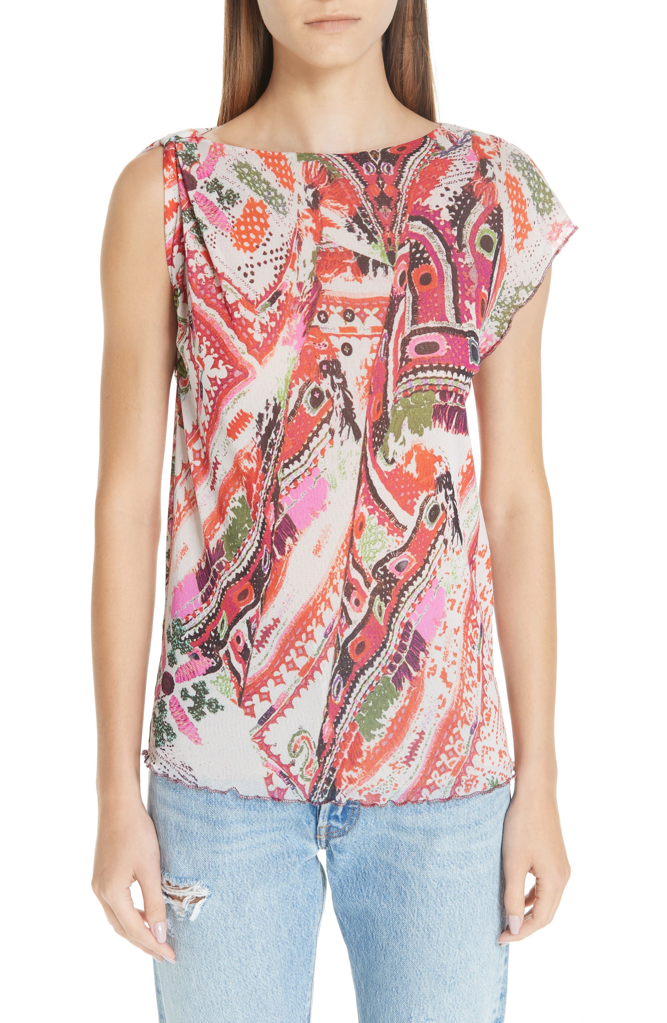 Fuzzi Print Tulle One-Sleeve Top, White