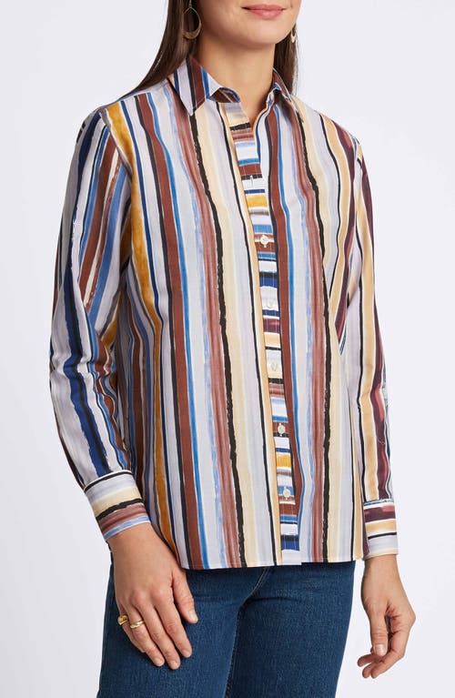 Foxcroft Meghan Watercolor Stripe Cotton Button-up Shirt In Blue Stripe