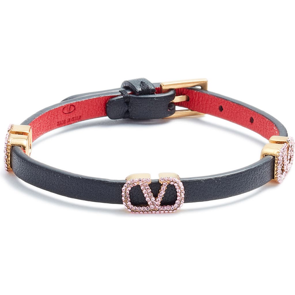 Shop Valentino Garavani Crystal Vlogo Leather Bracelet In Cerise-nero/light Amethist