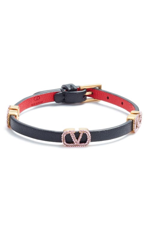 Garavani Crystal VLOGO Leather Bracelet in Cerise-Nero/Light Amethist