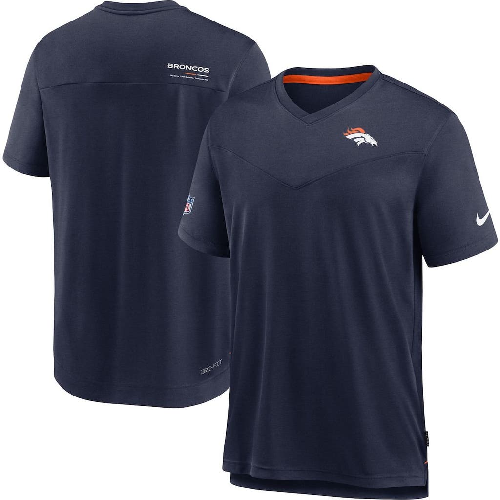Nike Navy Denver Broncos Sideline Coach Chevron Lock Up Logo V-neck Performance T-shirt In Blue