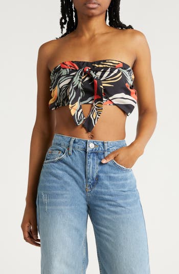 Shop Lulus Tropical Vibes Floral Crop Halter Top In Black/bright Red/peach