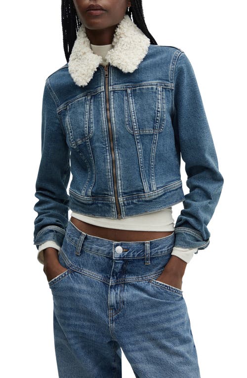 Denim Trucker Jacket with Removable Faux Shearling Collar in Medium Vintage Blue
