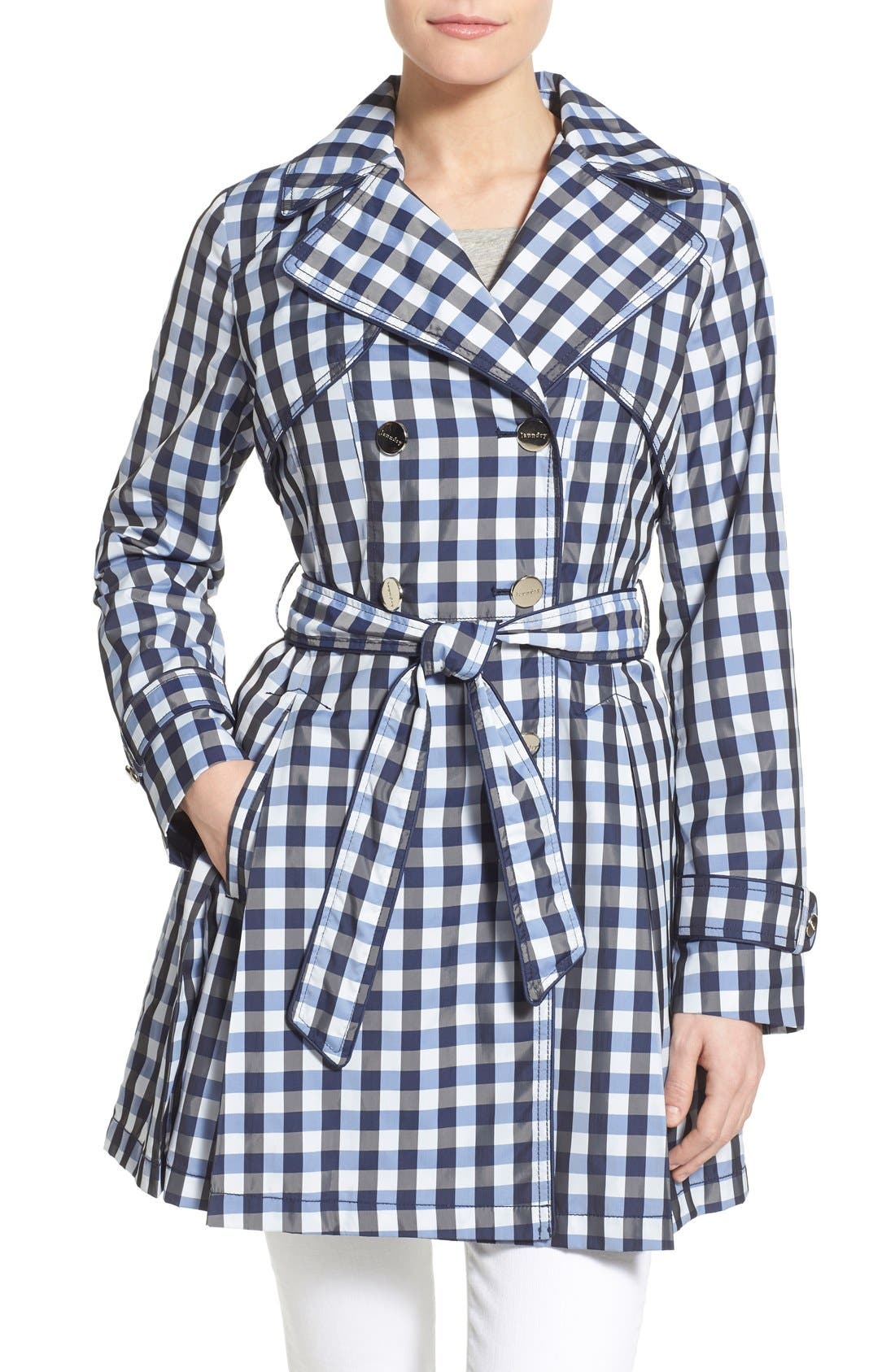 Laundry by Shelli Segal Gingham Print Double Breasted Trench Coat