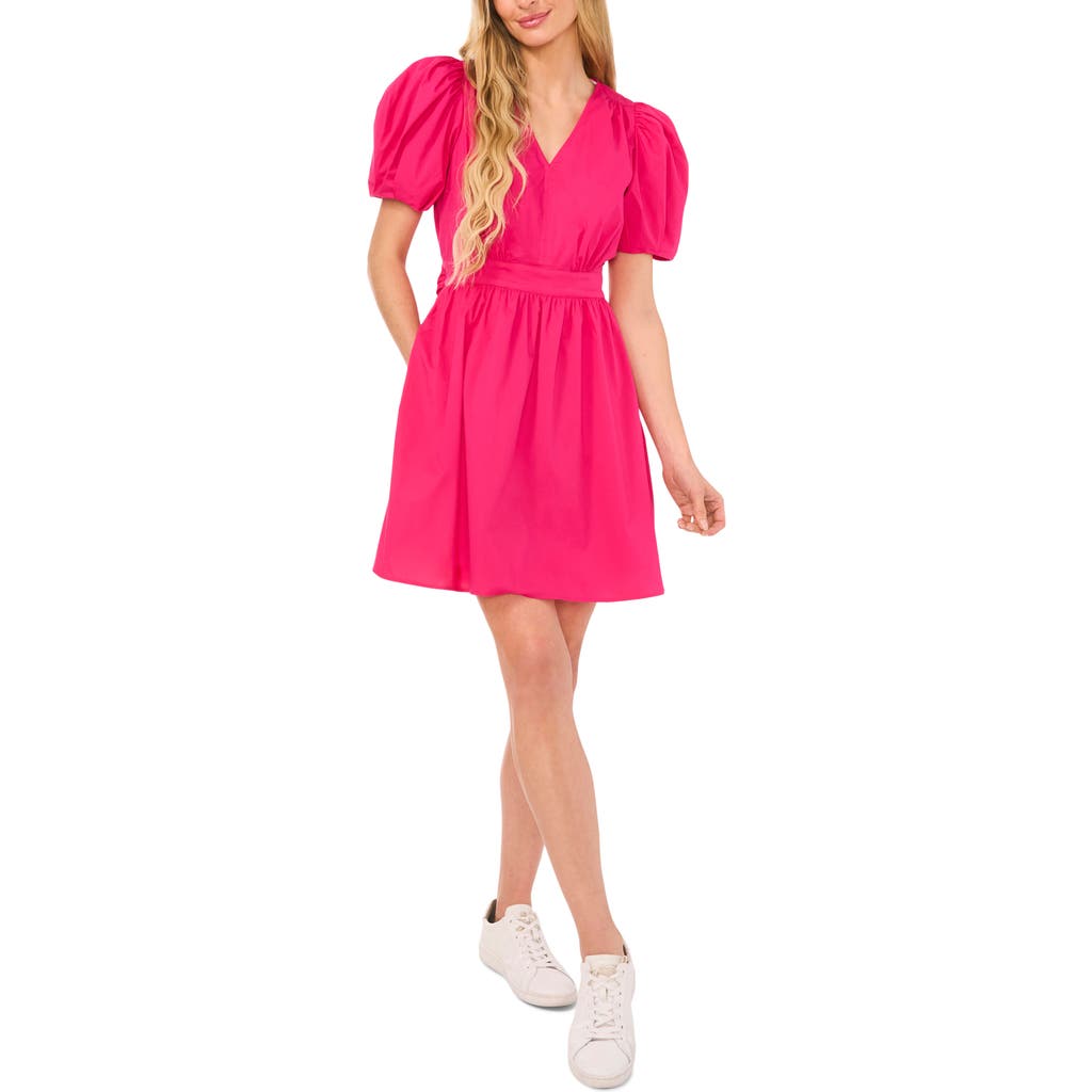Cece Puff Sleeve Poplin Dress In Bright Rose