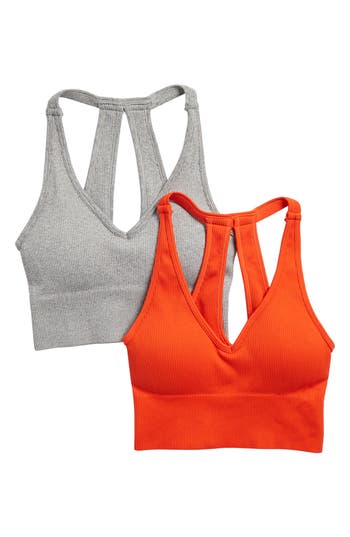 Shop Yogalicious Assorted 2-pack Seamless Rib Sports Bras In Tangerine Tango/grey Heather