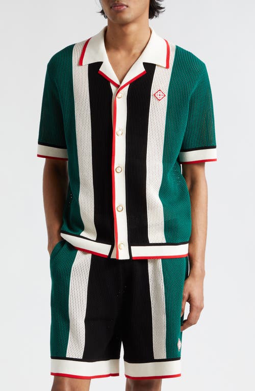 Casablanca Stripe Mesh Camp Shirt In Green/white Stripe