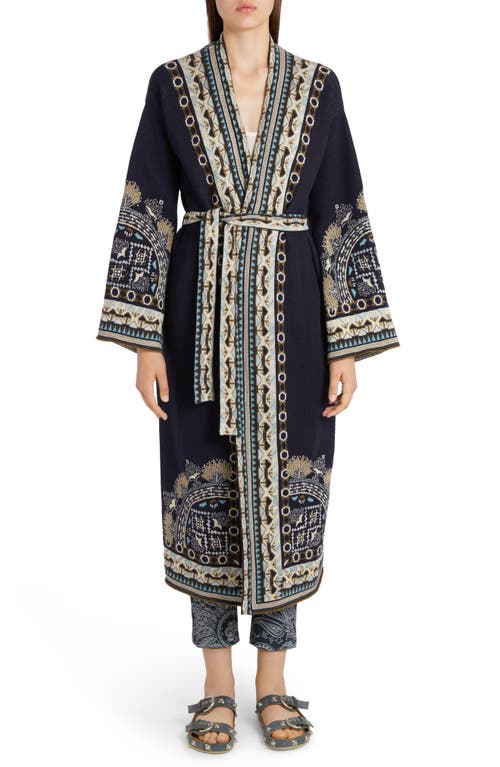 Etro Paisley Belted Sweater Coat in Navy