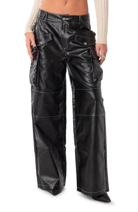 Girls black faux leather cargo trousers