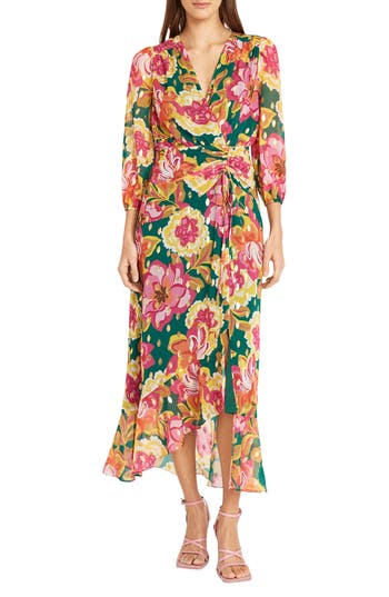Donna Morgan For Maggy Floral Print Metallic Long Sleeve High/low Maxi Dress In Multi