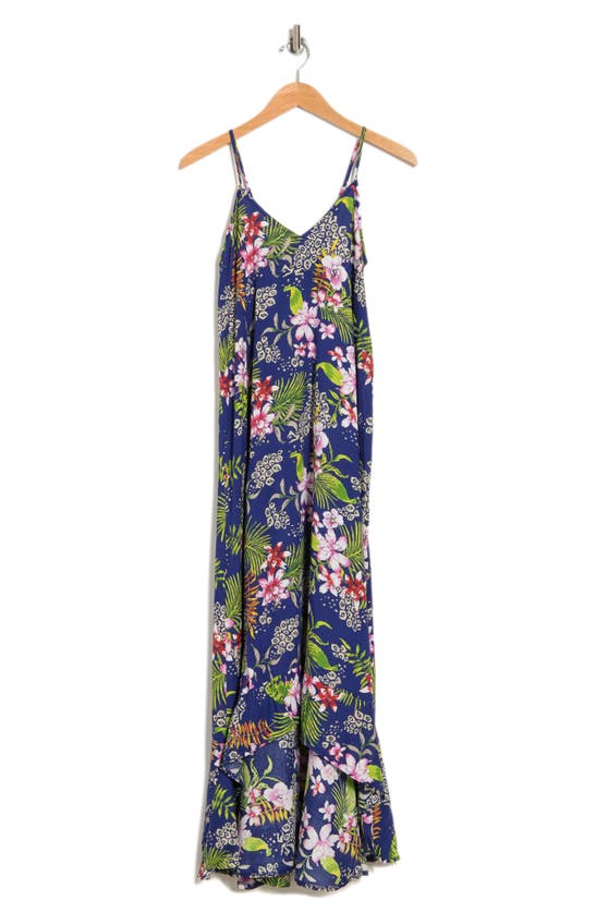Boho Me Leaf Printed Hi-lo Flounce Hem Dress In Navy