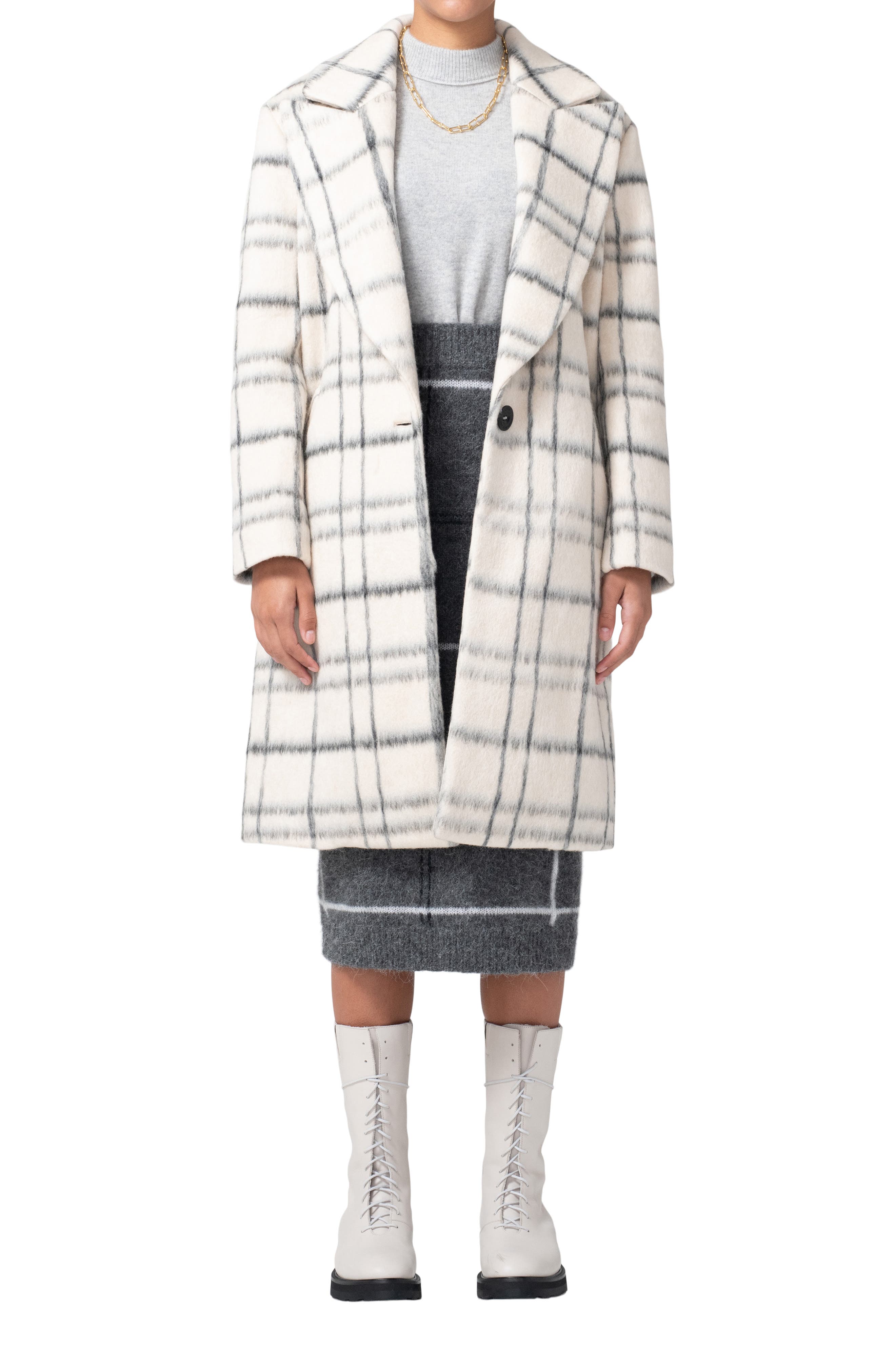 Lita by Ciara Graphic Check Princess Coat in Milk Plaid