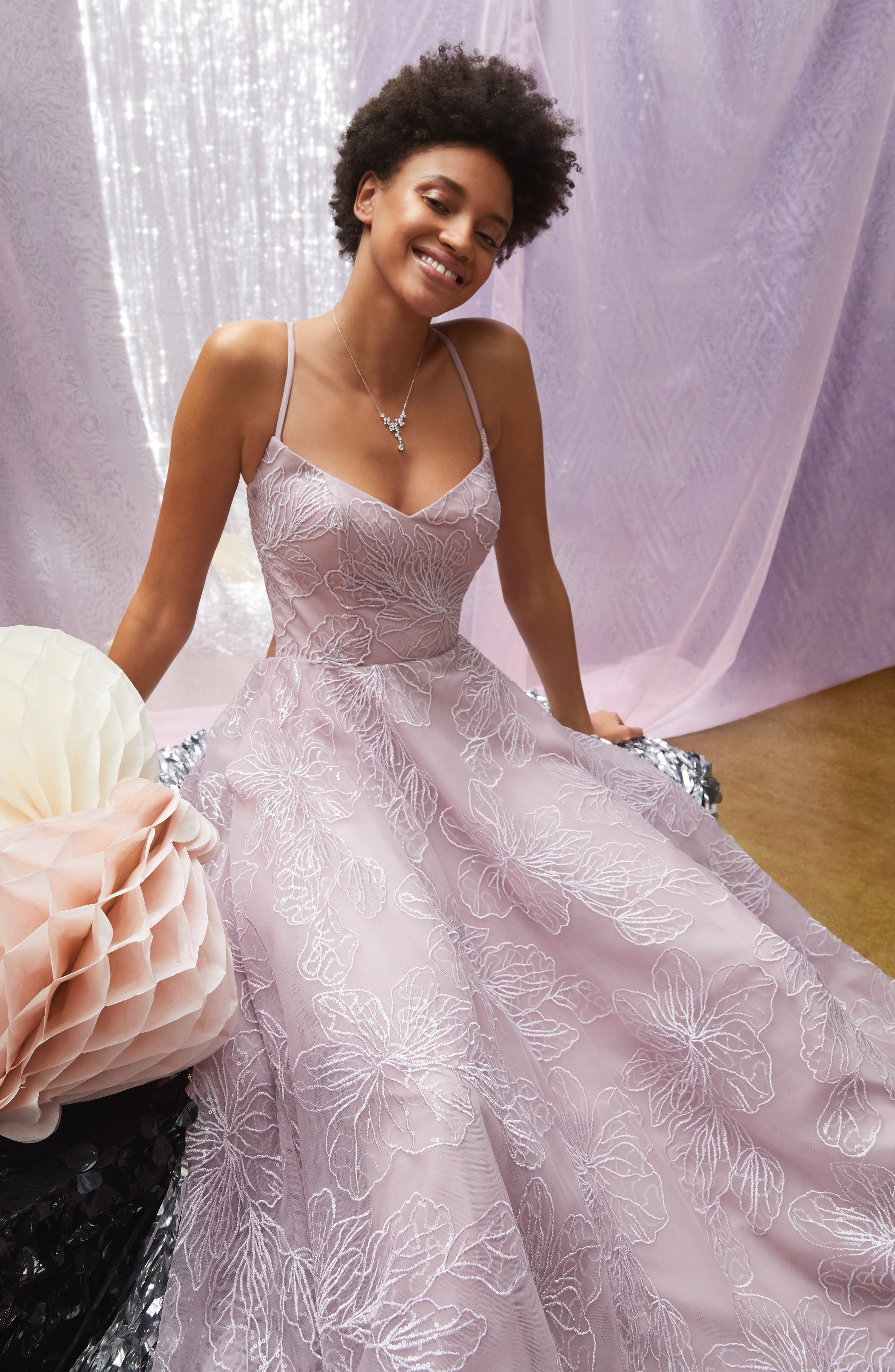 La Femme Sequin Floral A-Line Gown 