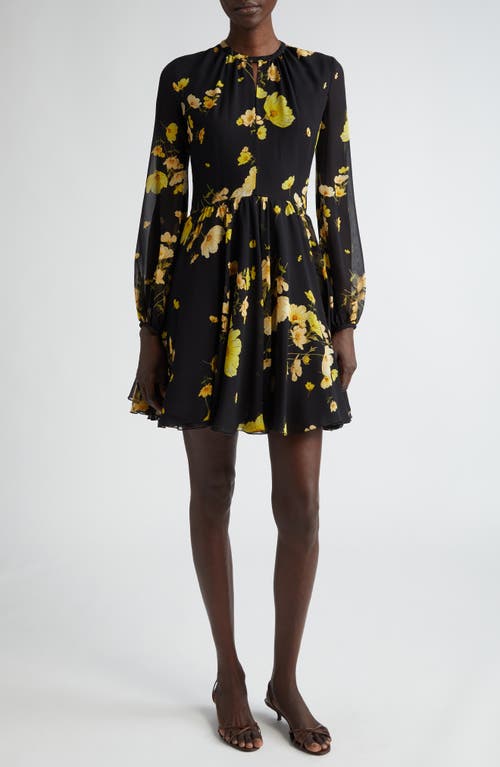 Giambattista Valli Floral Print Long Sleeve Silk Chiffon Dress In Black/yellow