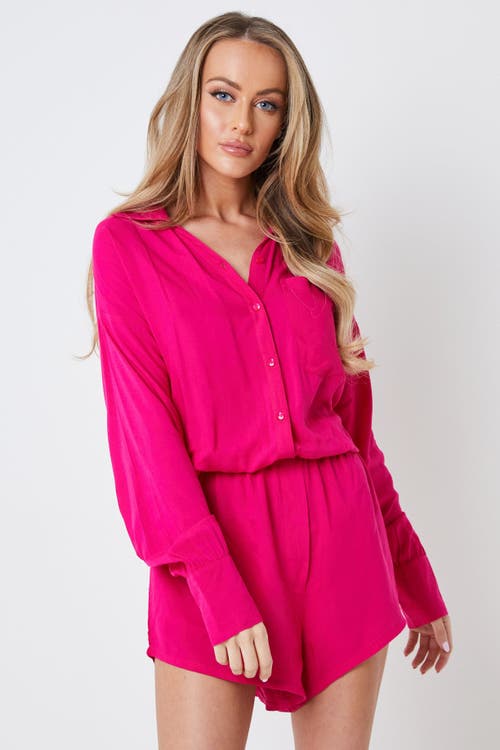 Shop Creea The Label Button-up Long Sleeve Romper In Pink