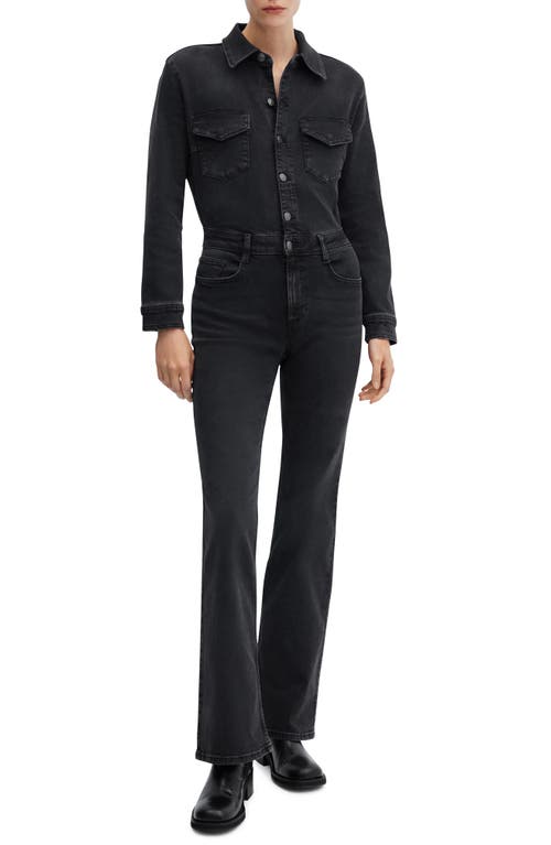 MANGO Long Sleeve Denim Jumpsuit Black at Nordstrom,