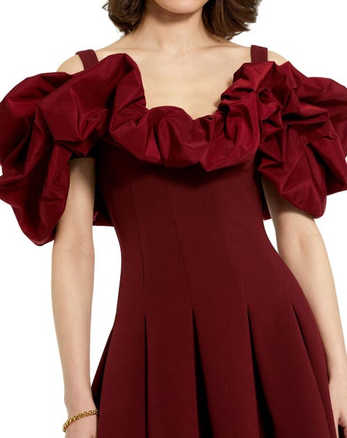 Mac Duggal Crepe Godet Hem Mini Dress With Faille Ruffle In Oxblood