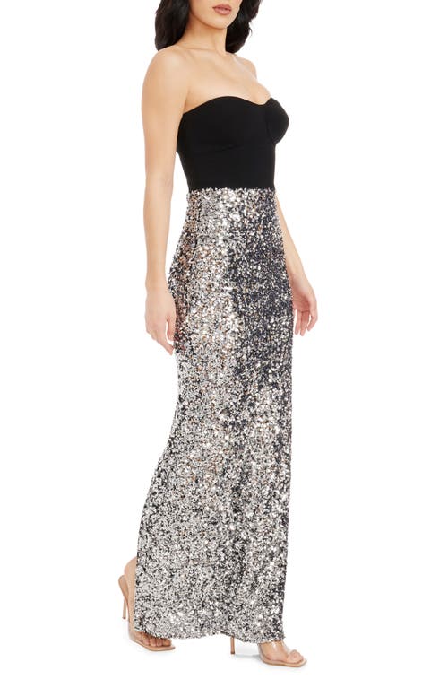 Dress The Population Vada Mixed Media Strapless Gown In Black-silver