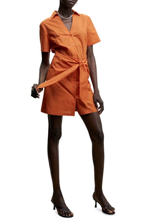 MANGO Tie Front Cotton Shirtdress in Orange