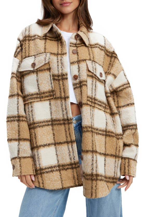 Good American Plaid Shacket In Ivory/ Pecan Stripe