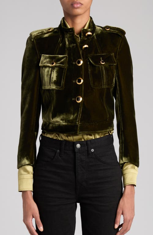 Shop Tom Ford Bonded Velvet Crop Jacket In Golden Olive