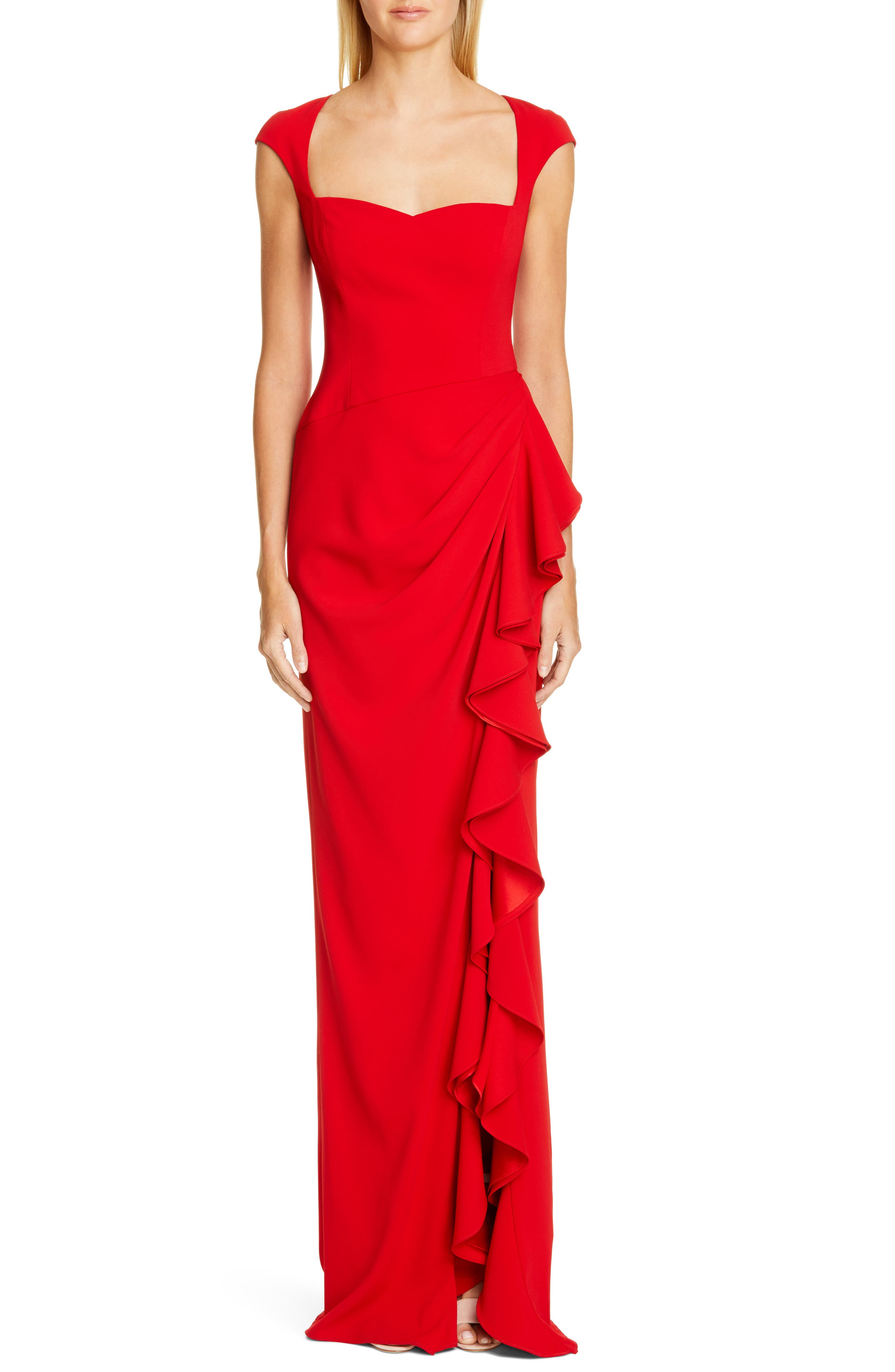 Badgley Mischka Cap Sleeve Ruffle Evening Dress, Red