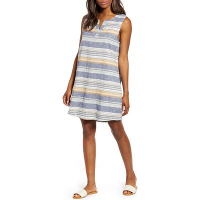 Beachlunchlounge Jaylene Stripe Sleeveless Linen & Cotton Shift Dress, Blue