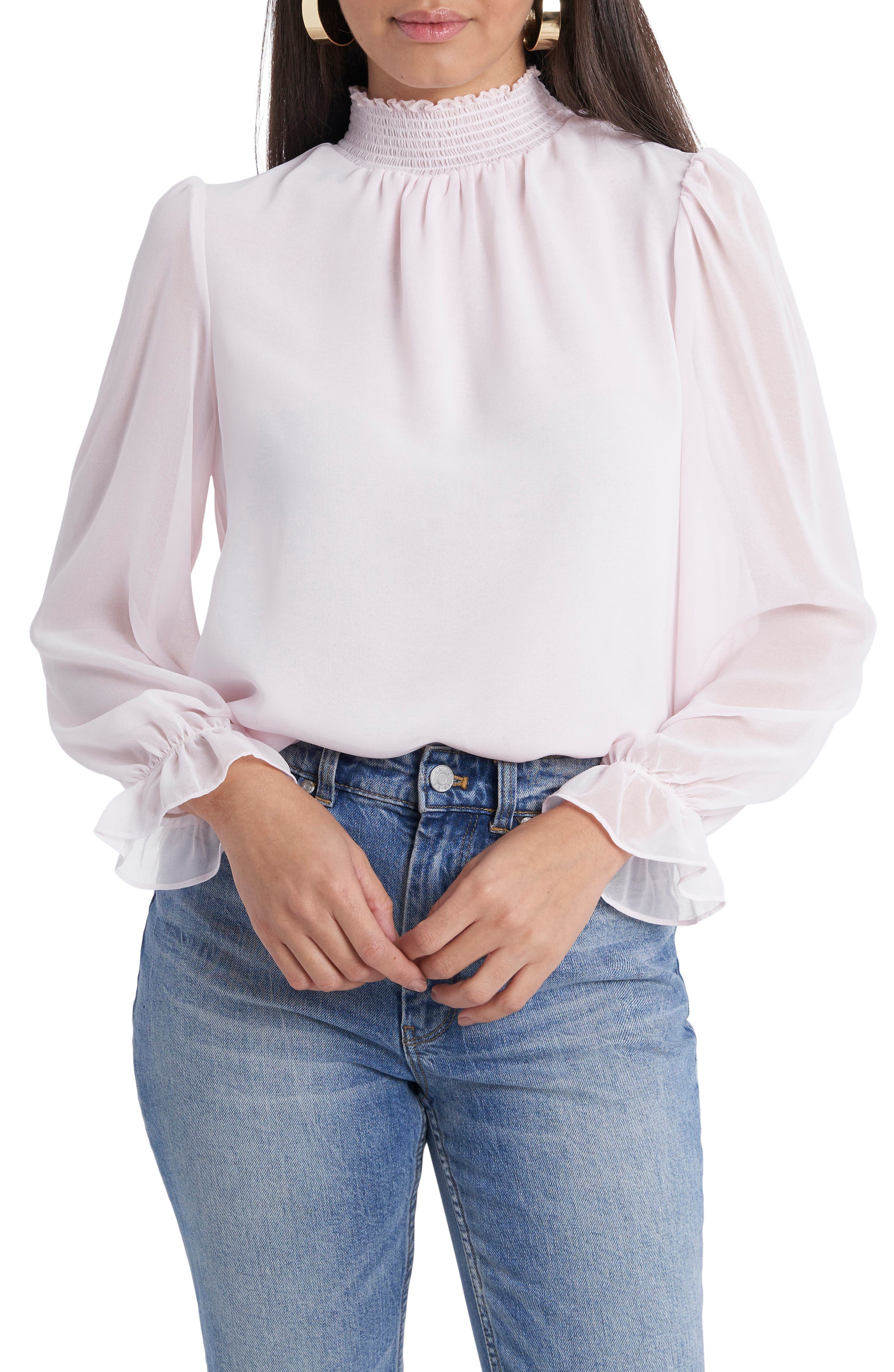 1.state Smocked Neck Long Sleeve Blouse In Pink Cloud