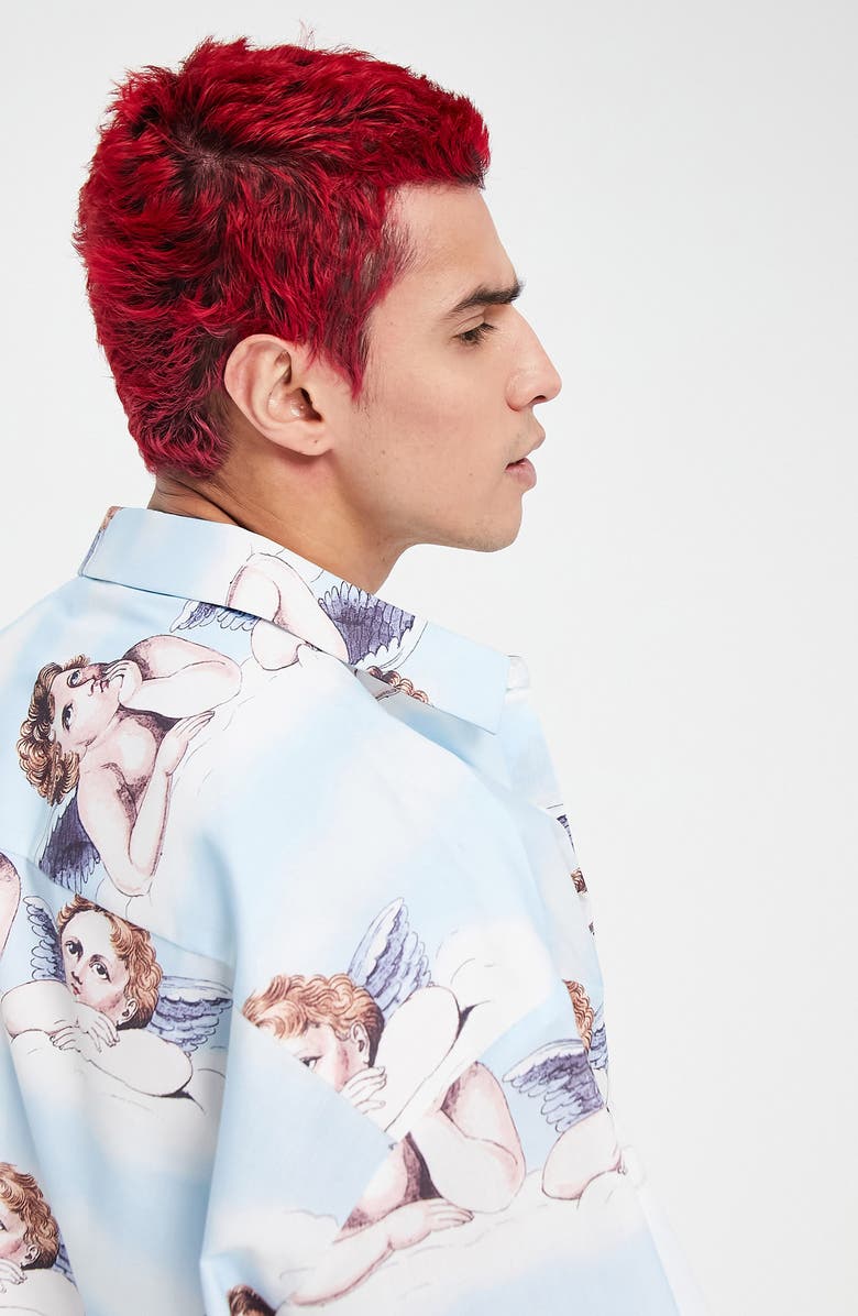ASOS DESIGN Cherub Print Oversize Short Sleeve Button-Up Shirt, Main, color,