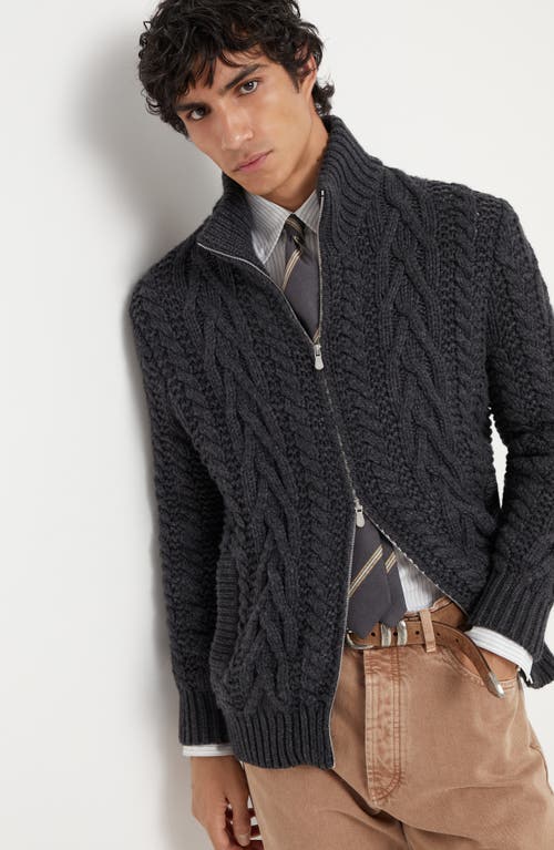 Shop Brunello Cucinelli Cashmere Irish Cable Turtleneck Cardigan In Anthracite