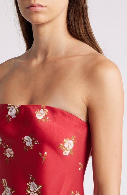 Shop Wayf Madelyn Floral Strapless Satin Cocktail Dress In Scarlet Ditsy