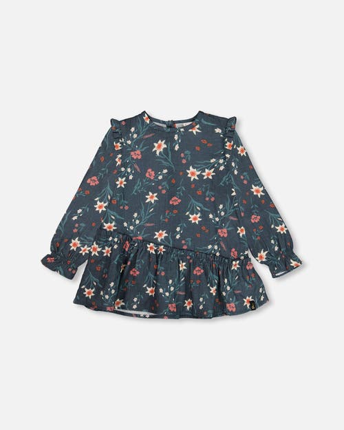 Shop Deux Par Deux Little Girl's Printed Muslin Long Top Teal With Flowers In Printed Edelweiss