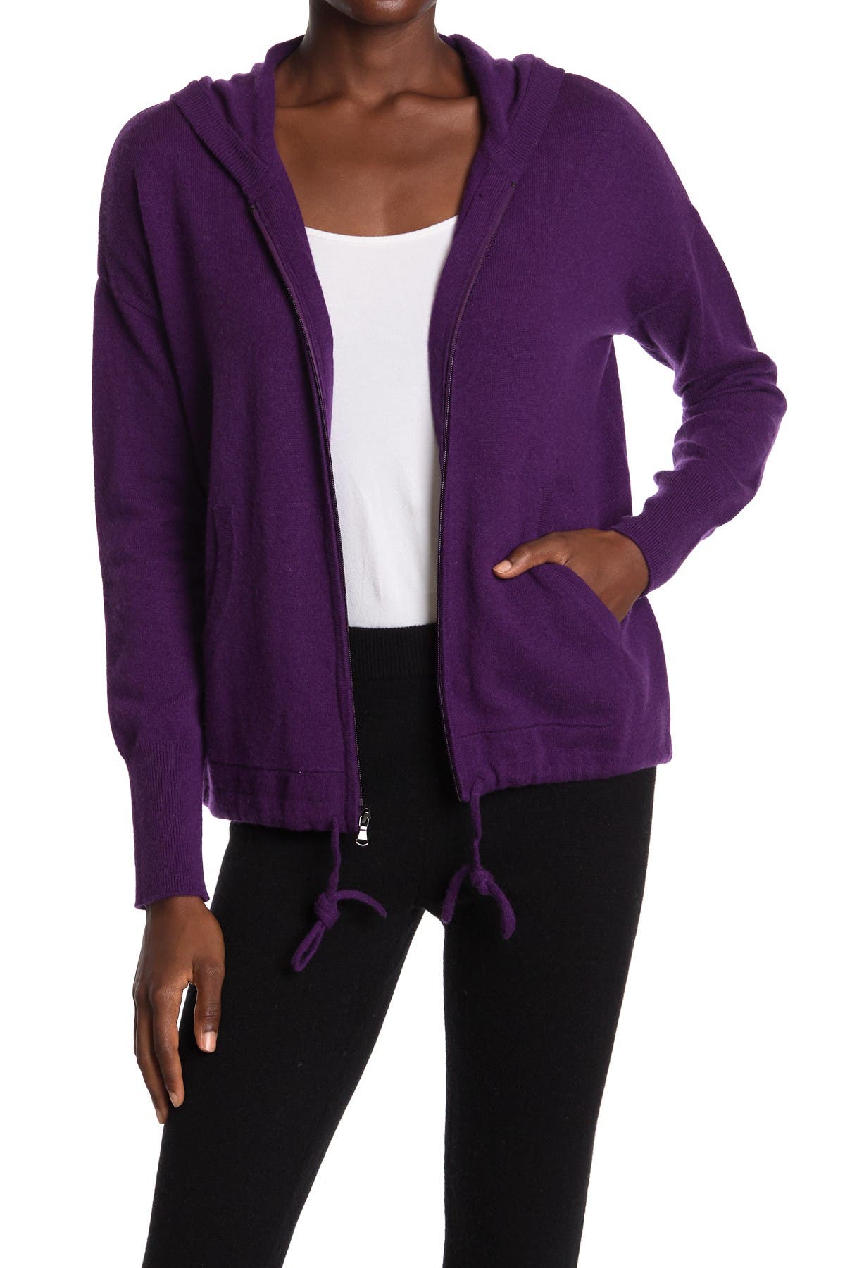 Amicale Cashmere Jersey Drawstring Full Zip Hoodie In Purple