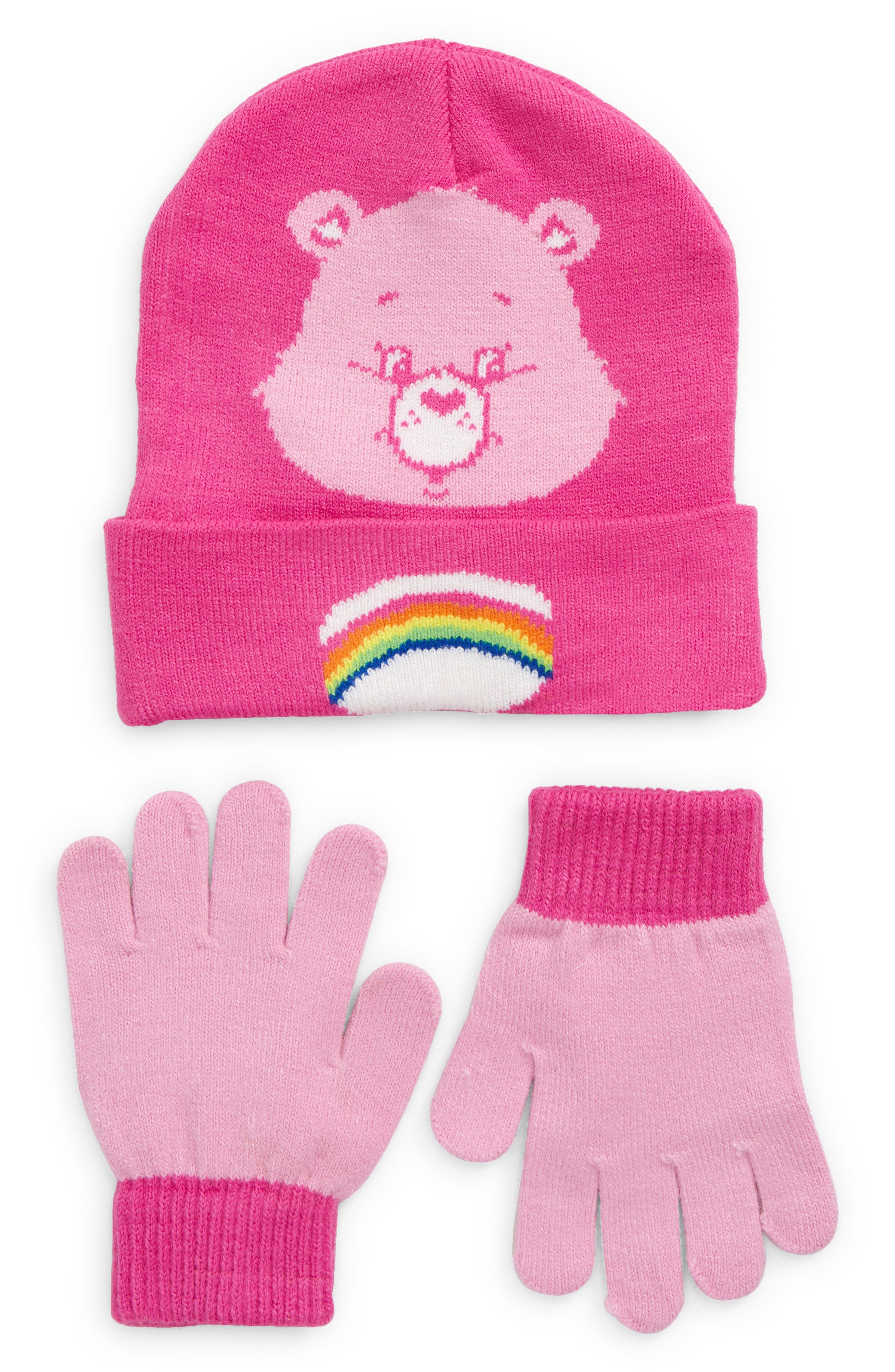 hot pink hat and gloves