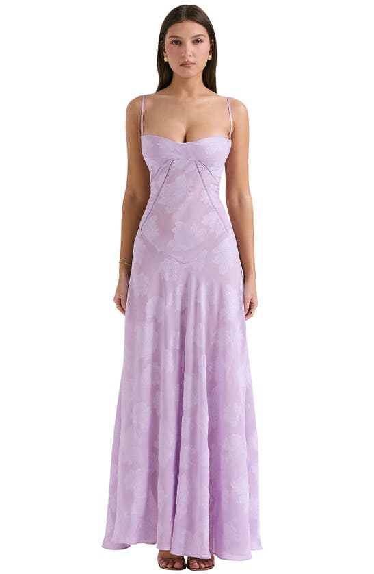 Shop House Of Cb Seren Blush Sheer Lace-up Back Gown In Orchid Bloom