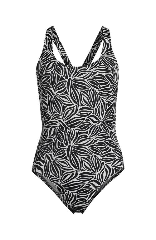 Shop Lands' End Plus Size Chlorine Resistant X-back High Leg Soft Cup Tugless Sporty One Piece In Black/white Abstract Floral