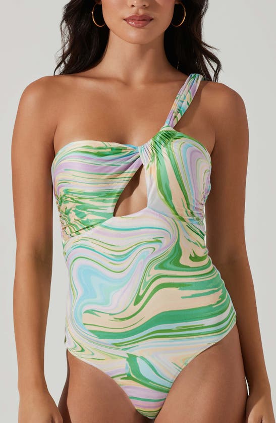 Shop Astr The Label Sindri Printed One-shoulder Cutout Bodysuit In Green Swirl