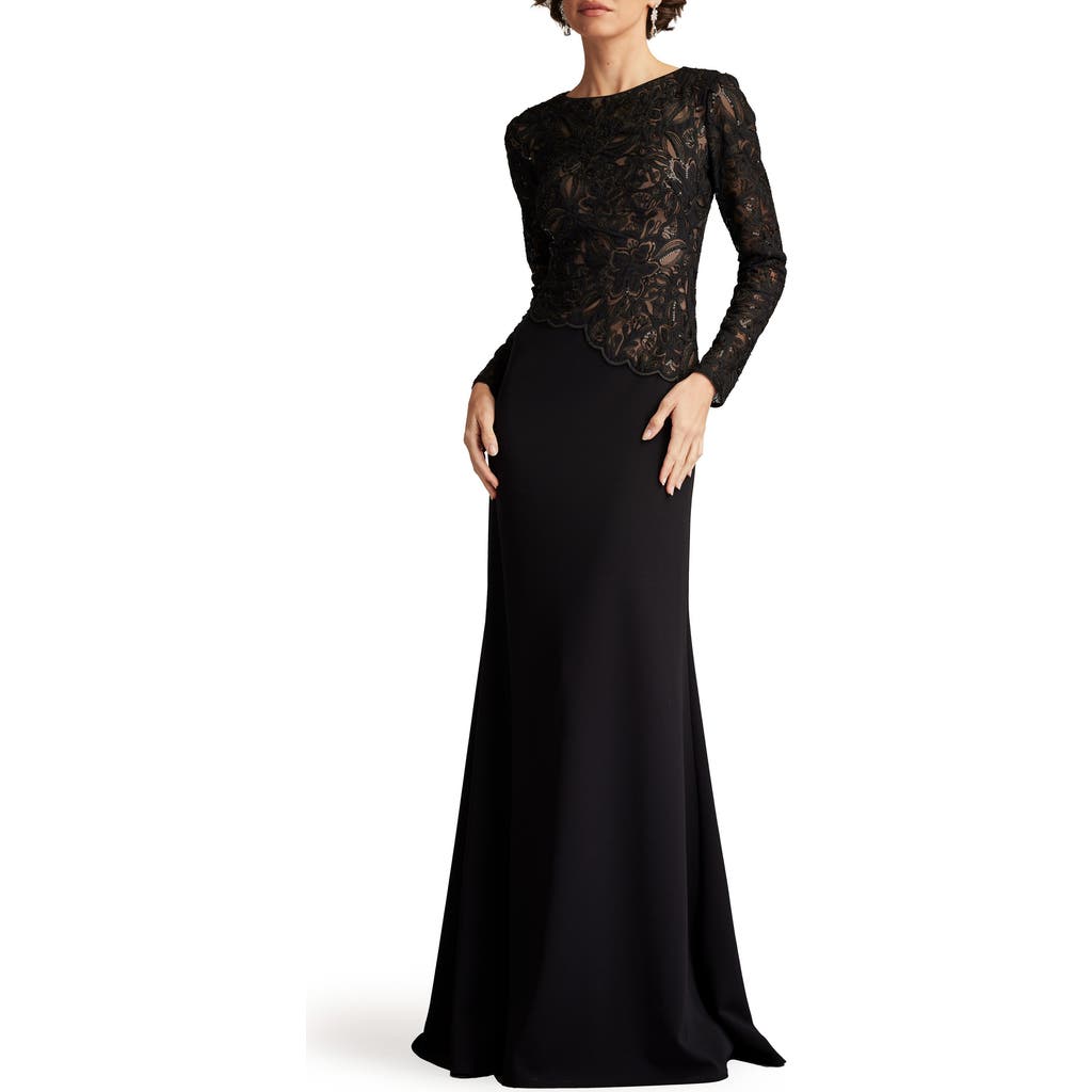 Tadashi Shoji A-line Crepe And Sequin Lace Gown In Black/ Beige