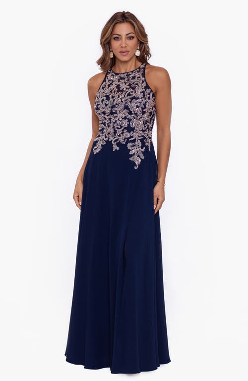 Betsy & Adam Embellished-bodice Chiffon Gown In Navy/rose