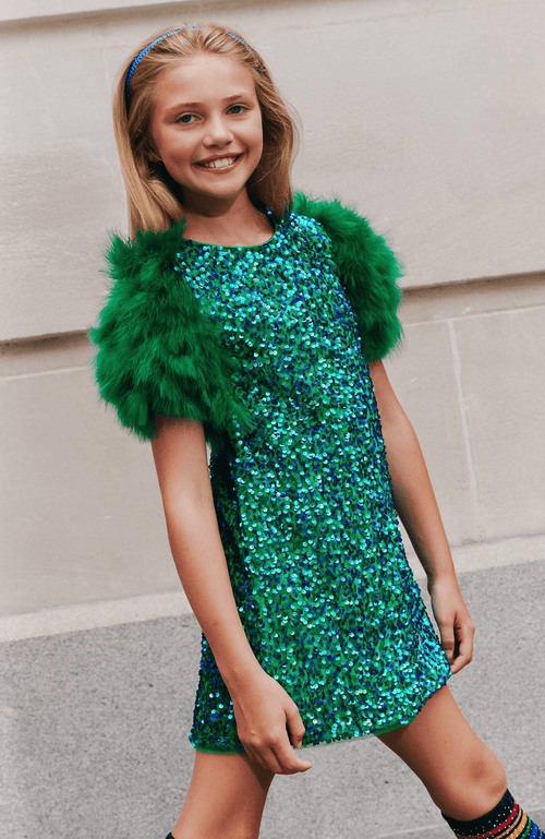 Lola + The Boys Girl's Jade's Feather Party Dress In Emerald