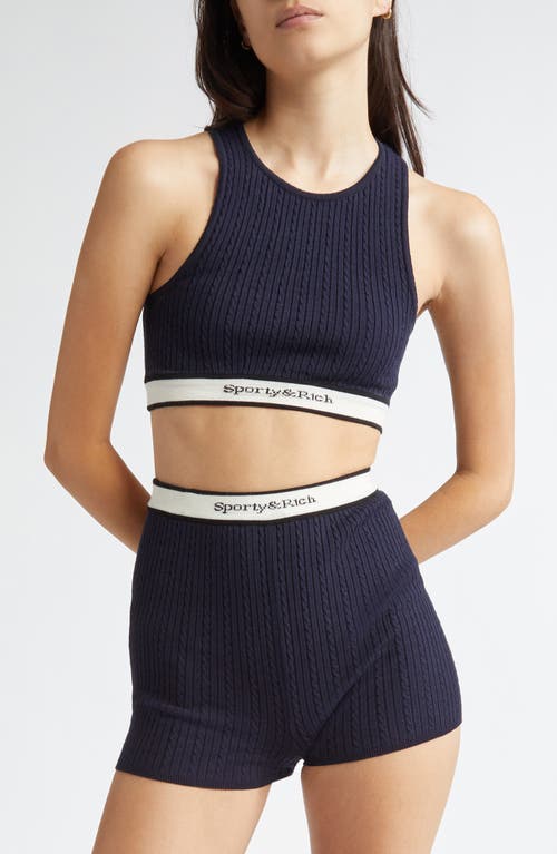 Sporty And Rich Sporty & Rich Serif Logo Cable Stitch Crop Sweater Tank In Navy