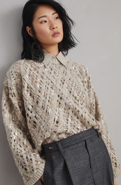 Shop Brunello Cucinelli Sweater With Dazzling Embroidery In Cool Beige